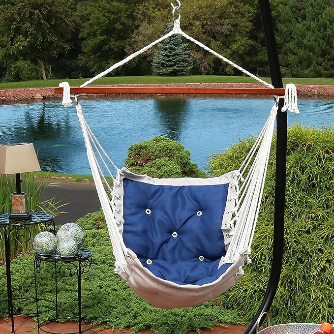 Sunnydaze Tufted Victorian Large Hanging Hammock Chair - Sturdy 300 Pound Capacity - Navy Blue