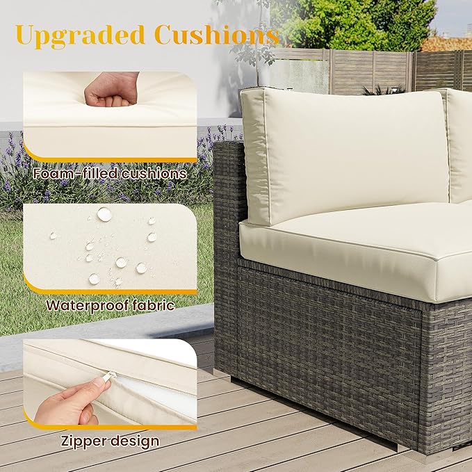 5 Piece Outdoor Patio Sectional Furniture Set, Weather Resistant Rattan Outside Couch, Waterproof Conversation Sofa for Balcony, Porch, Backyard, Deck, Garden,Beige