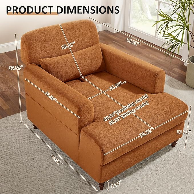 Oversized Chaise Lounge Chair Set of 2, Cloud Fluffy Chaise Sofa Recliner with Adjustable Backrest, Comfy Upholstered Sleeper Couch Bed, Modern Deep Seat Reading Armchair for Living Room, Bedroom
