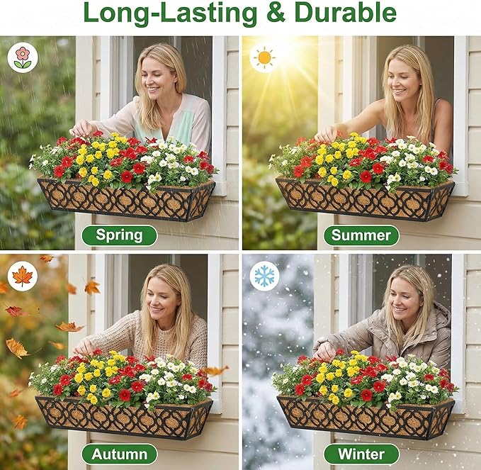 Y&M 24-Inch Window Planter Box 2Pcs Iron Deck Railing With Coco Liner, Metal Horse Troughs for Outdoor Balcony Rail Fence Porch Patio