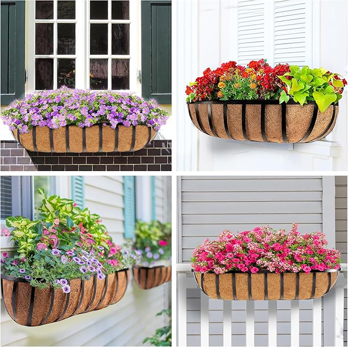 HFHOME 4 Pcs 24" Window Box Deck Railing Planter with Horse Trough Coco Liners, Black Metal Hanging Flower Planters Baskets for Indoor, Outdoor, Balcony, Porch, Fence, Patio, and Lawn
