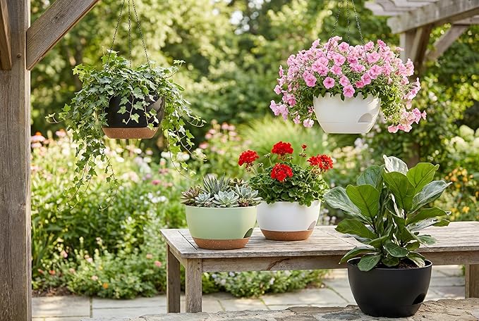 Hanging Planters 3-Pack, 8 Inch Self-Watering Hanging Pots with Drainage Hole and Chains, Plastic Planters for Indoor Outdoor（Green Brown）