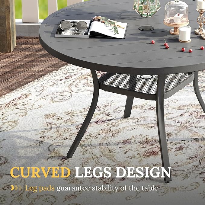 VICLLAX 41.2"x 28" Outdoor Round Patio Table for Lawn Garden, All Weather Metal Round Patio Dining Table with Adjustable Umbrella Hole, Patio Table for 4 Person, Grey Tabletop