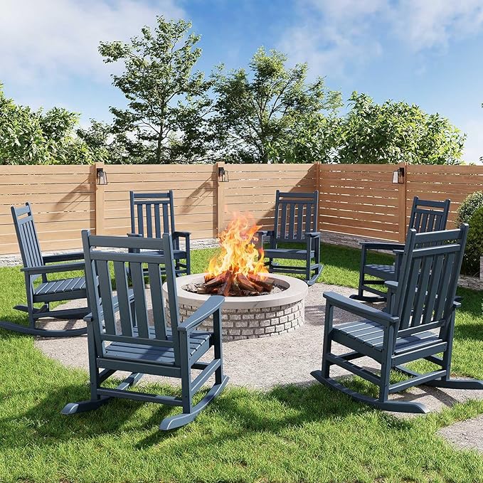 HDPE Rocking Chair Outdoor Set of 6 - Poly High Back Porch Rocker Chairs for Adults - All Weather Resistant Furniture for Patio Front Porch - Navy Blue