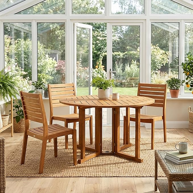 Sunnydaze Malaysian Hardwood Folding Gateleg Patio Dining Table with Teak Oil Finish - 4-Person Space-Saving Round Outdoor Table - 47.25” D x 29" H