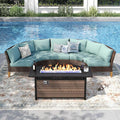PHI VILLA Half Moon Patio Furniture Set with 56" Fire Pit Table, Outdoor Curved Wicker Sectional Sofa with Cushions and Ottomans, Aqua Blue