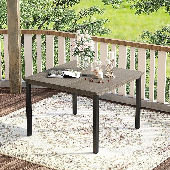 VICLLAX Outdoor Dining Set for 4, 5 Pieces Patio Dining Furniture Set with Umbrella Hole- 40.2" Patio Table and Chairs for Balcony, Garden and Deck, Grey Wood Grain Tabletop