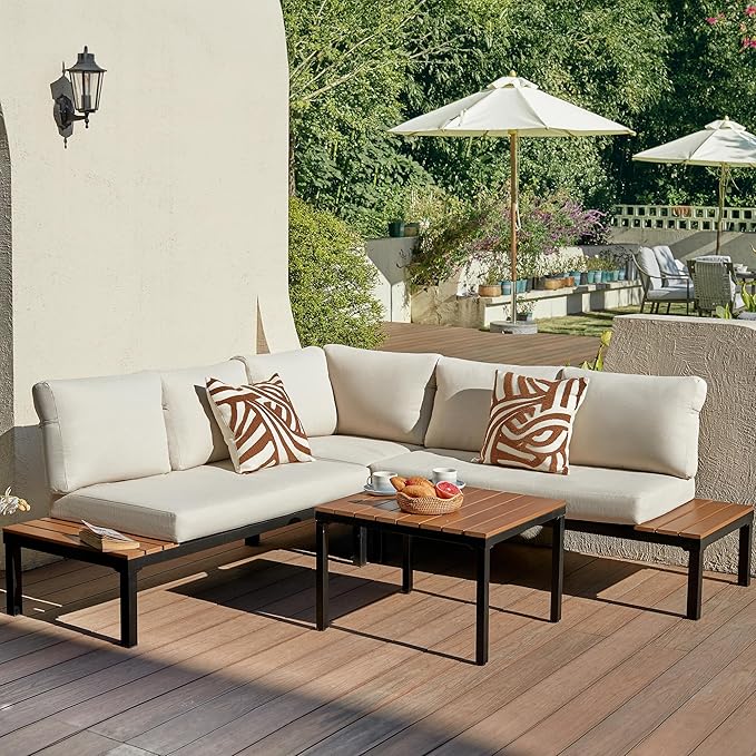 NATURAL EXPRESSIONS Outdoor Furniture Set, L Shape Patio Sectional, Metal Corner Couch Sofa Set with Side Tables, Detachable Backrest, Fauxwood Coffee Table, Beige Olefin Cushions for Garden Deck