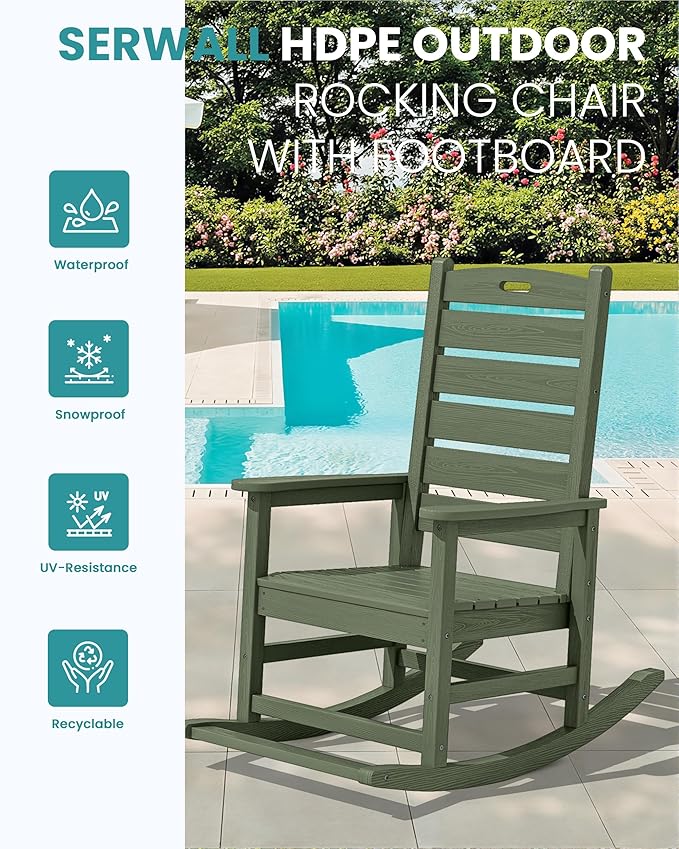 SERWALL Outdoor Rocking Chair Set of 2, Oversized Rocking Chair with Footboard for Adults, HDPE All Weather Resistant Rocking Chairs for Patio, 350lbs Weight Capacity,Avocado Green