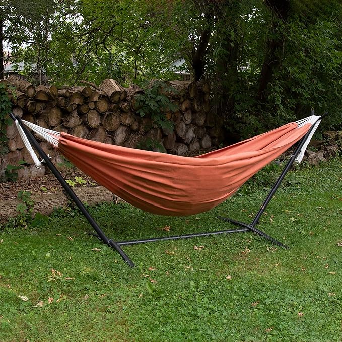 Vivere Double Sunbrella Hammock with Space-Saving Steel Stand, Heavy-Duty Portable Outdoor Hammock Set for Backyard, Patio, or Travel, Coral