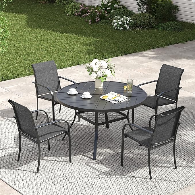 VICLLAX Patio Table and Chair Set of 4, All Weather Metal Round Outdoor Dining Furniture Set-40.6" Round Outdoor Table and Chairs, Black Tabletop