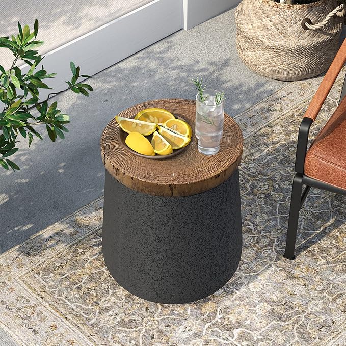 SUNBURY Outdoor Side Table, 13" W Black Outdoor End Tables Set of 2, Patio Accent Side Table, Concrete Garden Stool Wooden-Look Top for Livingroom, Garden, Backyard