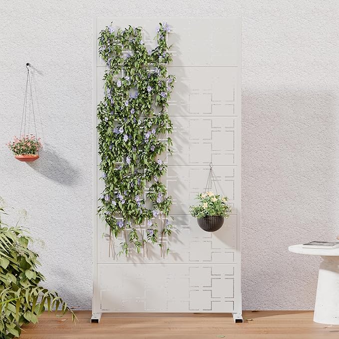 Casaphoria Metal Privacy Screen Outdoor, 60" H x 30" W Freestanding Decorative Privacy Screen for Patio Deck Balcony Garden with Stable Base, White-Square