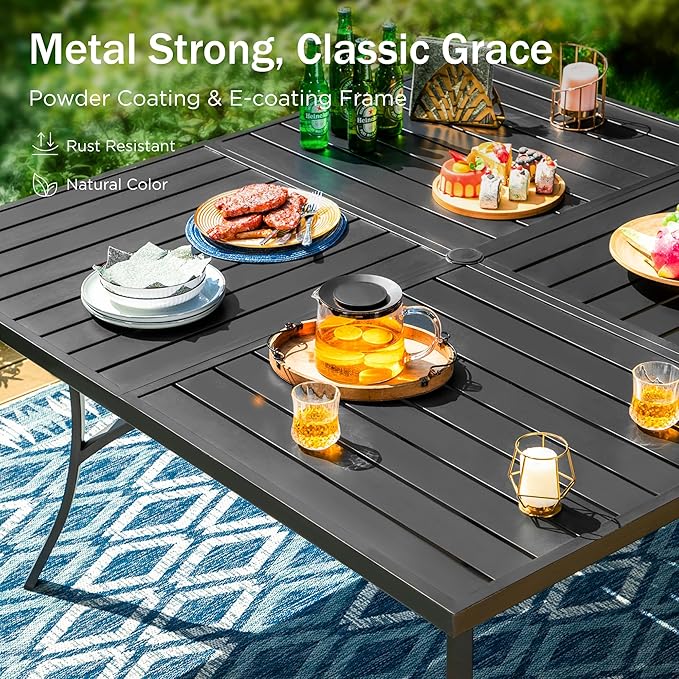 PHI VILLA 9 Pieces Outdoor Dining Set for 8, 60" Black Square Metal Table with Umbrella Hole & Stackable Wrought Iron Chairs, Large Outside Furniture Set for Patio, Deck, Yard, Porch