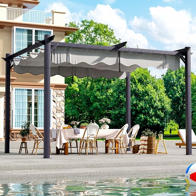 10'x12' Outdoor Pergola with Retractable Canopy, Patio Metal Heavy-Duty Gazebo Shelter for Backyard, Deck, Garden
