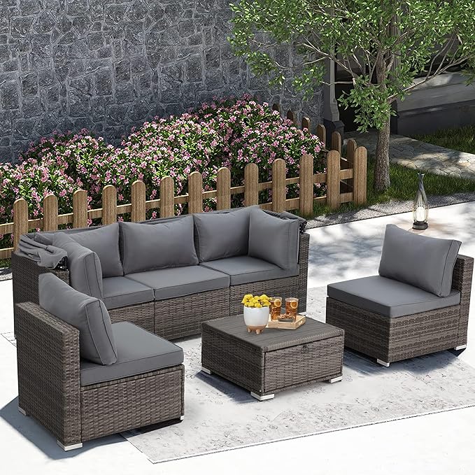 Vicluke 6 Pieces Patio Furniture Sets Outdoor Sectional Sofa Set Rattan Daybed with Retractable Canopy, Adjustable Backrest, Storable Tea Table Rectangle Sunbed for Backyard Garden Poolside(Grey)