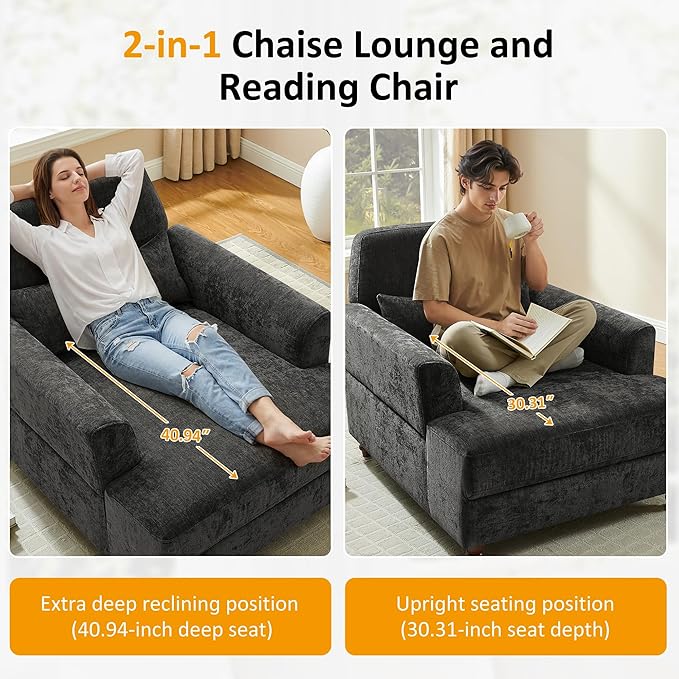 Chaise Lounge Chair Indoor with Adjustable Backrest, Upholstered Mid-Century Reading Chair, Oversized Accent Armchair for Living Room & Bedroom, Comfy Single Sofa Chair, Modern Living Room Chair
