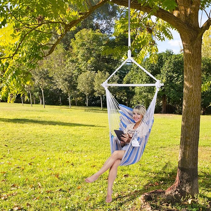 Backyard Expressions Striped Hammock Chair Hanging Rope Swing Chair, Anti Slip Steel Spreader Bar