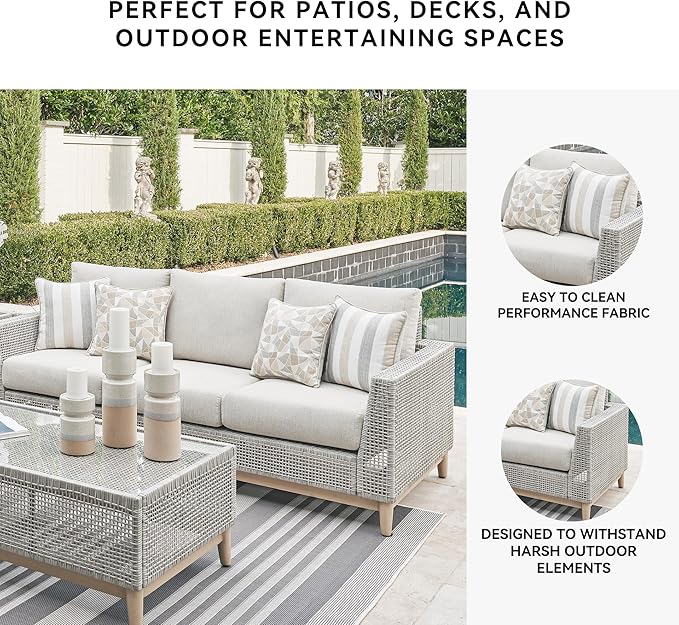 Signature Design by Ashley Seton Creek Cottage Nuvella Weather Resistant Fabric Outdoor Sofa with Cushion and 4 Throw Pillows, Light Brown & Light Gray
