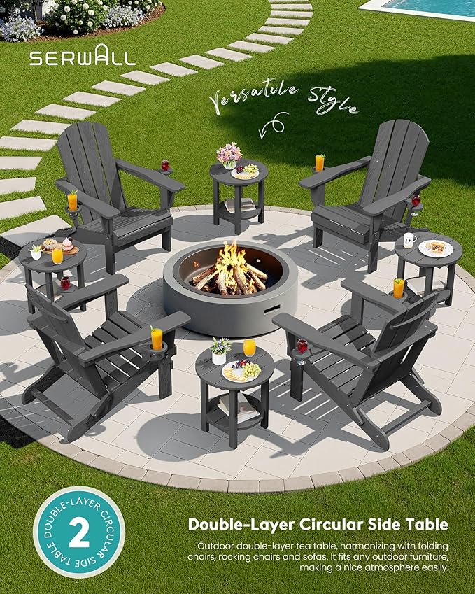 SERWALL Round Outdoor Side Table, HDPE Small Adirondack End Table,2-Tier Patio Side Table for Backyard Pool Porch Garden Lawn, Gray