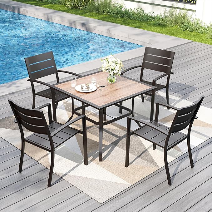 PHI VILLA 5 Pieces Outdoor Patio Dining Set for 4, 37" Square Metal Table with Polywood Top & Stackable Wrought Iron Chairs, Outside Furniture Set with Umbrella Hole for Deck, Porch, Backyard