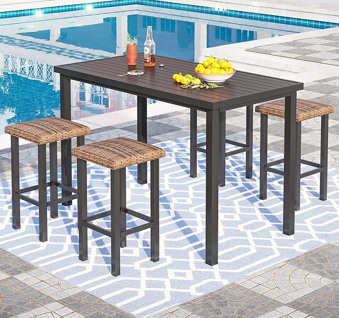 PHI VILLA 5 Piece Patio Bar Set, Black Wood Grain Metal Bar Table & 4 Wicker High Bar Stools, Bar Height Outdoor Dining Set for Porch, Yard, Deck, Poolside