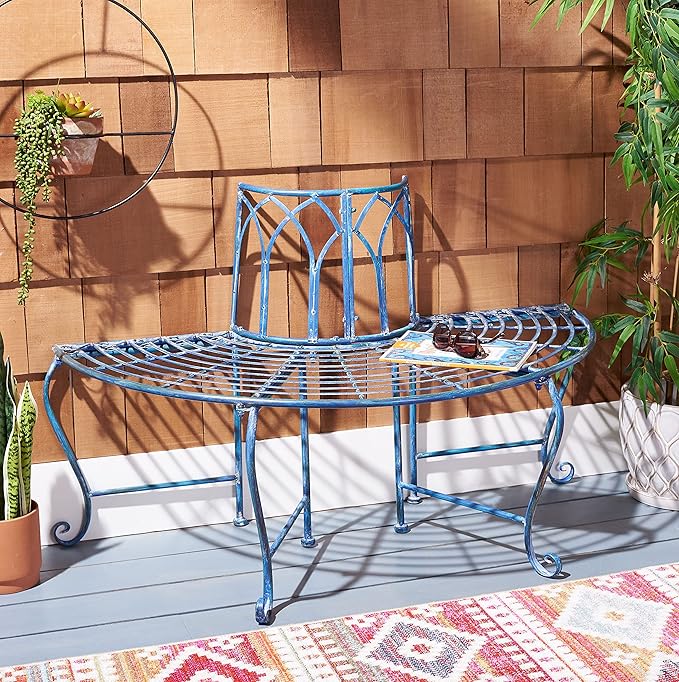 SAFAVIEH Outdoor Furniture Collection – Abia Antique Blue Distressed Wrought Iron 50-Inch Curved Tree Bench, Garden & Patio Seating (PAT5018C)