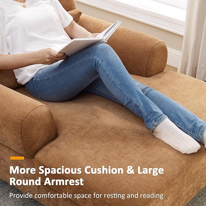 Modern Chaise Lounge Chair with Adjustable Backrest, Upholstered Indoor Leisure Sofa Recliner, Oversized Accent Chair Deep Seat Reading Armchair for Living Room, Bedroom, Office, Light Curry