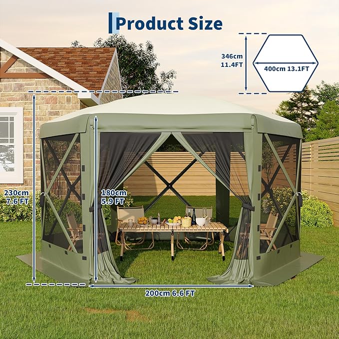 13x13FT 6-Sided Pop Up Gazebo Tent，One-Push Setup Canopy Tent with Removable Canopy Top & Wind Cloths, Outdoor shelter for Camping, Backyard Parties, Outdoor Events - Army Green