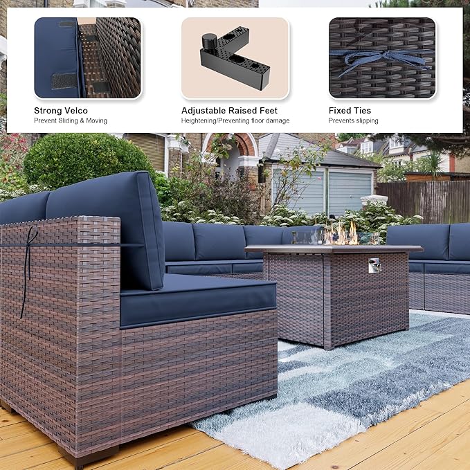 Kullavik 10 Pieces Outdoor Patio Furniture Set with 43" 55000BTU Gas Propane Fire Pit Table PE Wicker Rattan Sectional Sofa Patio Conversation Sets,Navy Blue