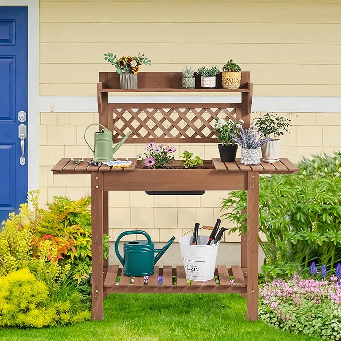 Yaheetech Potting Bench Table Outdoor Garden Horticulture Wooden Workstation Benches w/Sliding Tabletop/Removable Sink/Storage Shelf,Brown