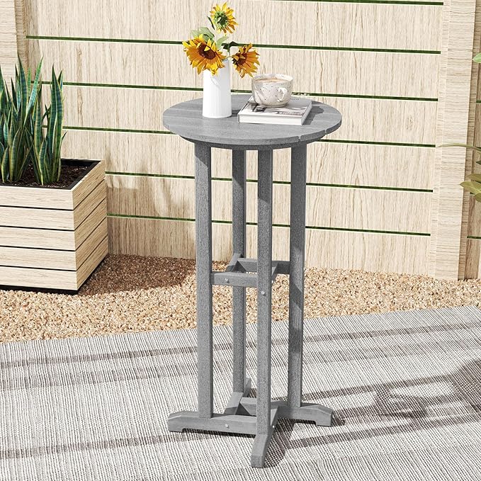 Tangkula 21.5" Round Bar Table, Patio HDPE Bar Height Dining Table w/Slatted Tabletop, Outdoor All-Weather High-Top Bistro Table for Poolside, Backyard, Balcony (Grey)
