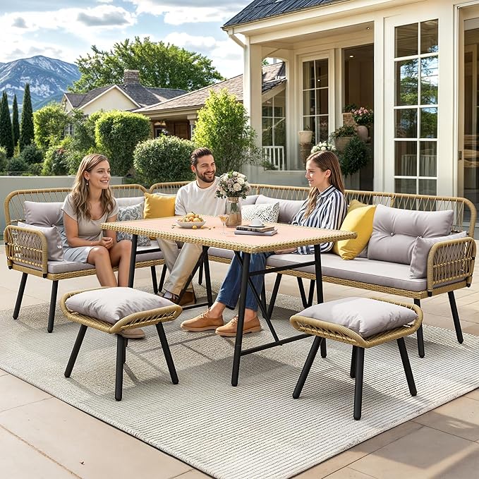 YITAHOME Patio Wicker L-Shaped Furniture Set, All-Weather Rattan Outdoor Conversation Sofa Set for Backyard Deck with Soft Cushions,Ottomans and Wood-Like Dining Table, Light Brown+Gray
