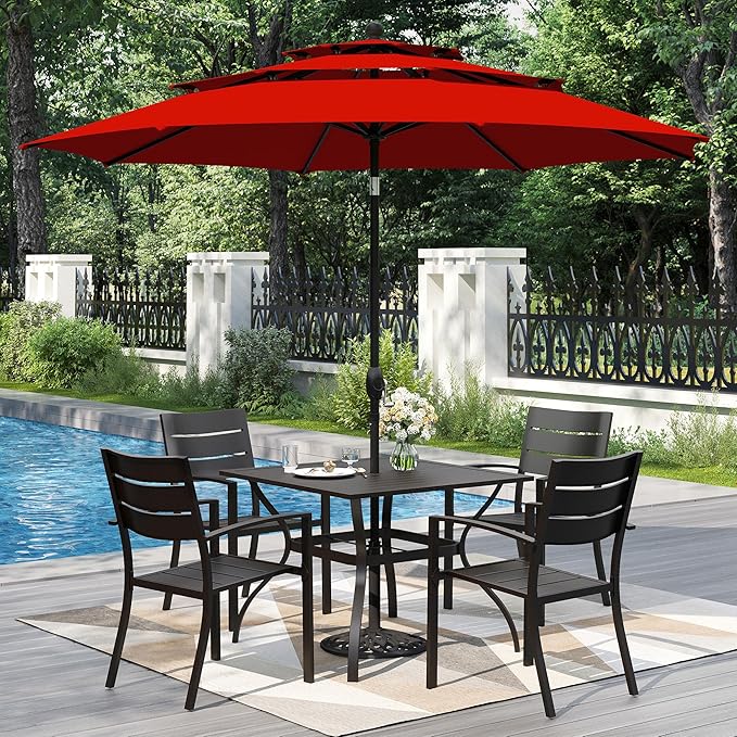 PHI VILLA 5 Pieces Outdoor Dining Set with Umbrella for 4, 37" Square Metal Steel Table & Stacking Wrought Iron Chairs & 3-Tier Red Umbrella, Outside Furniture Set for Patio, Deck, Porch, Backyard