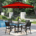 PHI VILLA 5 Pieces Outdoor Dining Set with Umbrella for 4, 37" Square Metal Steel Table & Stacking Wrought Iron Chairs & 3-Tier Red Umbrella, Outside Furniture Set for Patio, Deck, Porch, Backyard