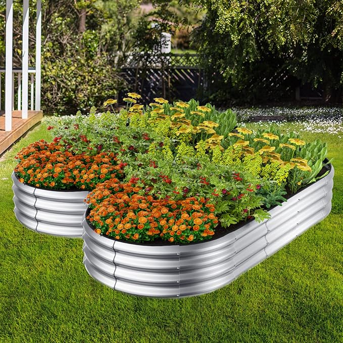 Raised Garden Bed Kit, 4x2x1 ft Galvanized Planter Box Outdoor with Safety Edging, Large Metal Raised Beds for Gardening Vegetables Flower Herb (Classic Silver)