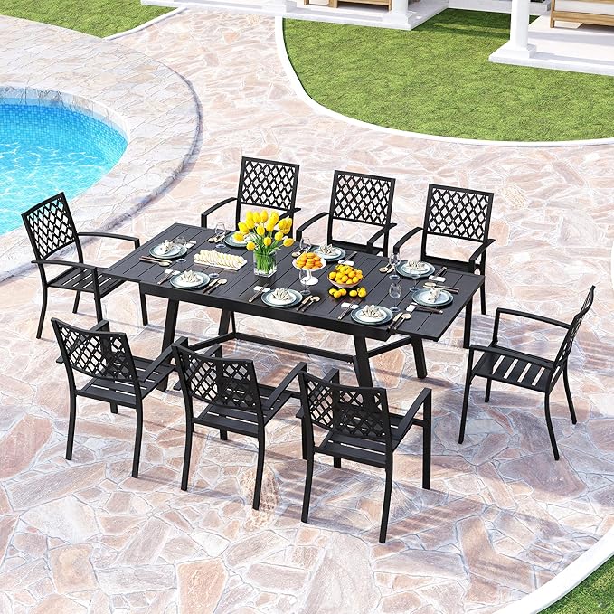 PHI VILLA 9 Pieces Outdoor Dining Set for 8, 84" Long Expandable Wrought Iron Table & Stackable Metal Chairs, Large Furniture Set for Patio, Deck, Yard, Porch - Black