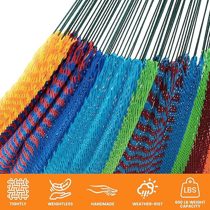 Lazy Daze Hammocks Handwoven Mayan Hammock, 10.5 FT Soft Rope Double Hammocks, Portable Outdoor Hammock with Carry Bag, 2 Straps & Carabiners for Patio Outside, 550 lbs Weight Capacity, Multi Color