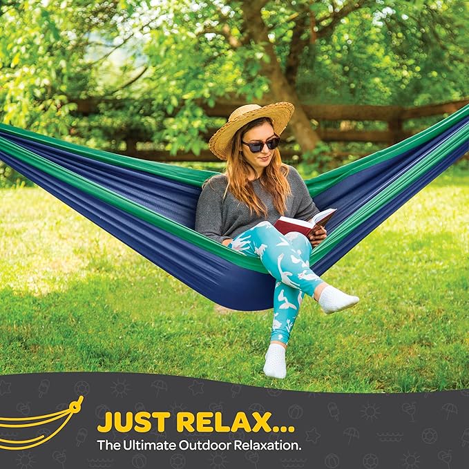Durable Hammock 400 lb Capacity, Nylon Camping Hammock Chair - Double or Single Sizes w/Tree Straps and Attached Carry Bag - Portable for Travel/Backpacking/Beach/Backyard (Medium, American Flag)