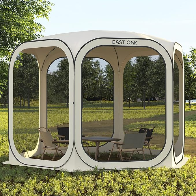 East Oak Screen House Tent Pop-Up, Portable Screen Room Canopy Instant Screen Tent 10 x 10 FT with Carry Bag for Patio, Backyard, Deck & Outdoor Activities, Beige