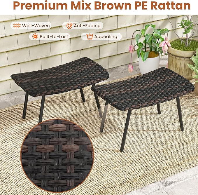 Tangkula Set of 2 Patio Ottomans, Multipurpose Rattan Ottomans w/Padded Quick Dry Foam & Heavy-Duty Metal Legs, Outdoor Wicker Footrest Extra Seating for Poolside, Backyard All Weather Resistant
