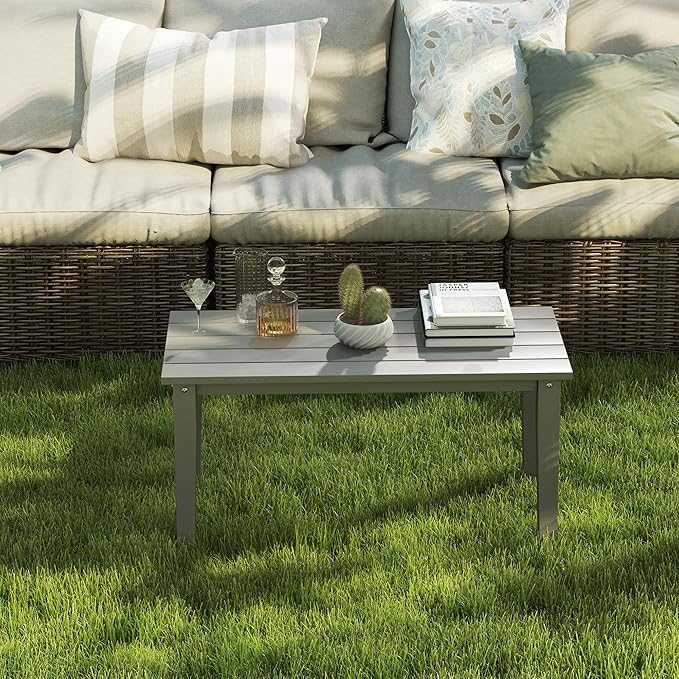 Outsunny HDPE Outdoor Coffee Table, All-Weather Rectangle Patio Coffee Table, Plastic Outdoor Patio Table with Slatted Tabletop for Garden, Balcony, Backyard, Gray