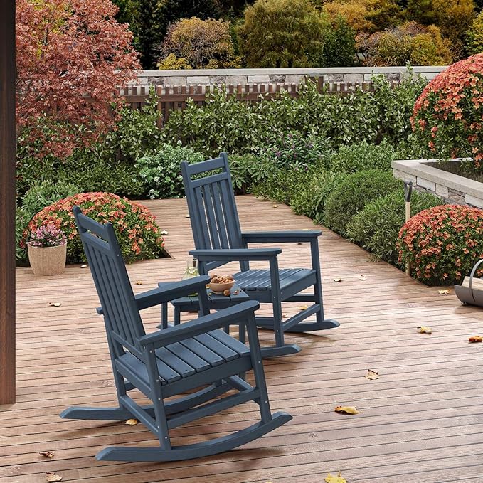 HDPE Rocking Chair Outdoor Set of 4 with 2 Side Table - Poly High Back Porch Rocker Chairs for Adults - All Weather Resistant Furniture for Patio Front Porch - Navy Blue