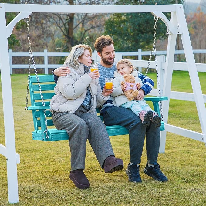 KINGYES Outdoor Hanging Patio Swing Set of 4, 2 Seat Swing Chair with Cup Holders, Waterproof Bench for Courtyard & Garden, 660LBS Weight Capacity, Aruba Blue