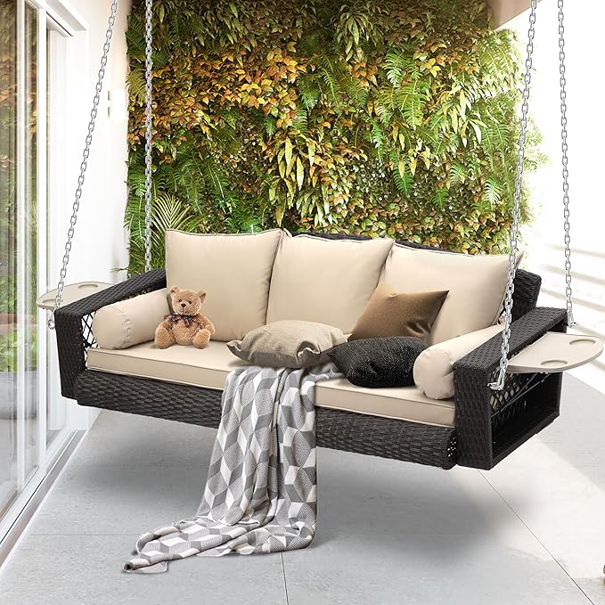Outdoor Wicker Patio Porch Swing - 3 Person Swing Outdoor Hanging Porch Swing Seat Bench with Chains for Yard, Deck, Garden (Brown Rattan Khaki Cushion)