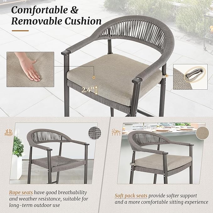 5-Piece Outdoor Patio Furniture Set, 4 Rattan Bar Stools with Footrest & 1 Table, Aluminum Frame with Removable Cushions, Grey