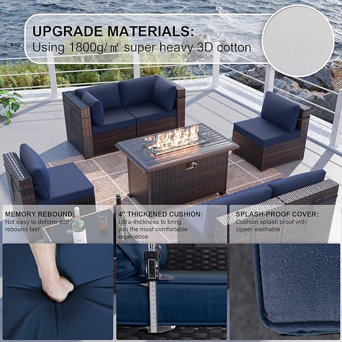 Kullavik 8 Pieces Outdoor Patio Furniture Set,Sectional Sofa Set with 43" 55000 BTU Gas Propane Fire Pit Table,Brown PE Rattan Wicker Patio Conversation Set,Navy Blue