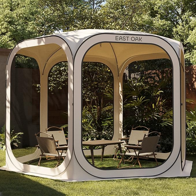 East Oak Screen House Tent Pop-Up, Portable Screen Room Canopy Instant Screen Tent 10 x 10 FT with Carry Bag for Patio, Backyard, Deck & Outdoor Activities, Beige