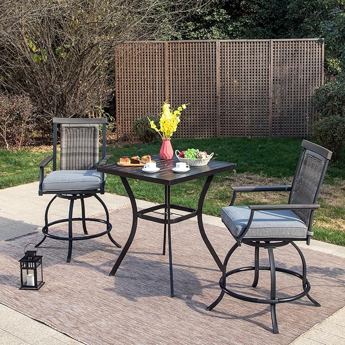 PHI VILLA 3 Piece Outdoor Bar Furniture Set, Counter Height Patio Bar Bistro Table (Square) & Rattan Wicker Bar Stools Chairs with All Weather Cushions for Backyard, Deck and Porch