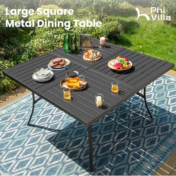 PHI VILLA 9 Pcs Patio Dining Set with Large Square Metal Dining Table & 8 Outdoor Padded Textilene Fabric Swivel Dining Chairs, Outside Table Chair Furniture Dining Set for 8 Person